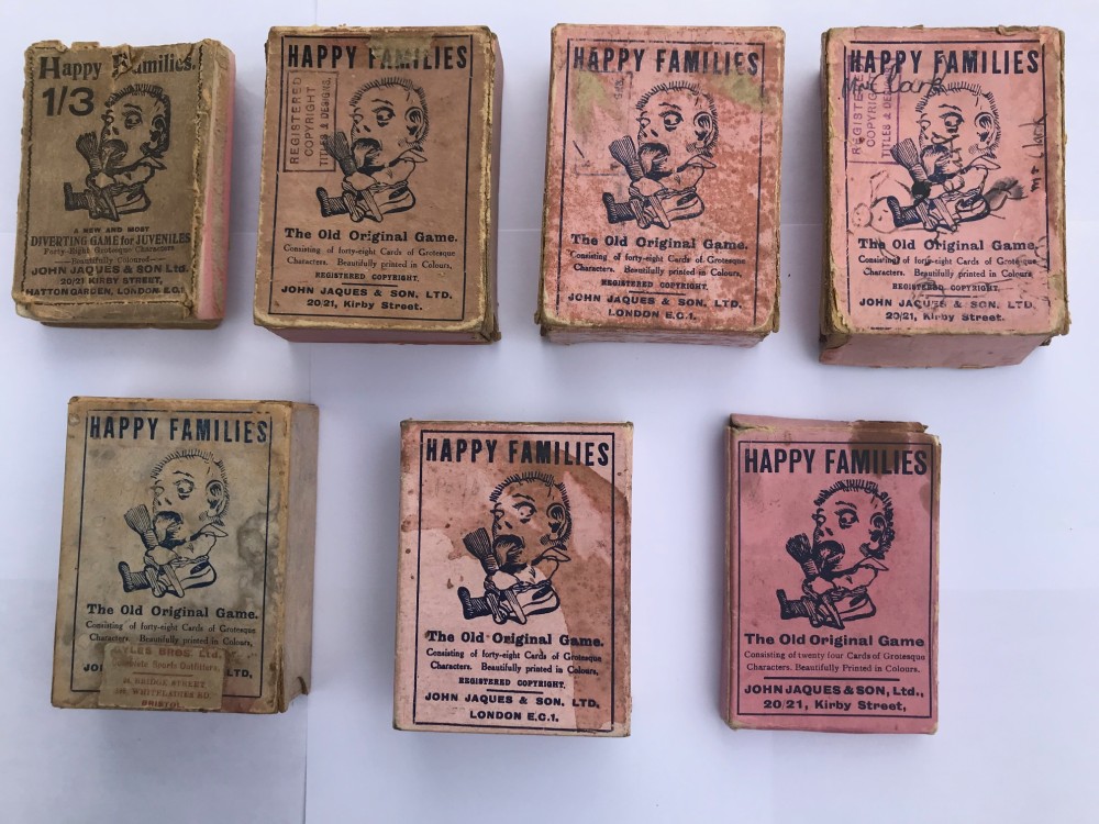Thirteen packs of Jaques card game of Happy Families in original boxes and three without boxes dating from 1900 to 1960s, all complete,